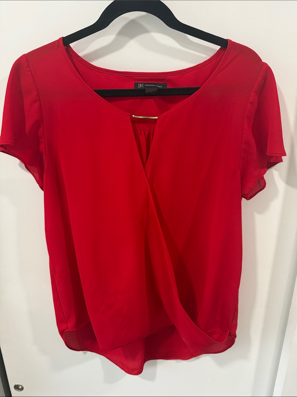 INC International Concepts Red Short Sleeve Surplice Blouse with Gold Bar